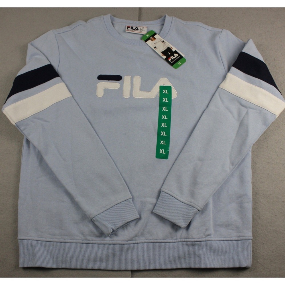 FILA Womens‎ Crewneck Sweatshirt XL Light Blue Navy Stripe Logo Pullover NWT